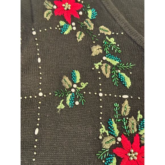 VTG Beaded Christmas Cardigan Sweater Womens Medium Sequins Poinsettia Holly - Picture 7 of 13